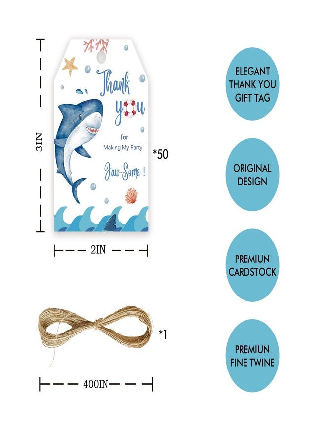 FORSHEEP 50pcs Shark Thank You Tags, Shark Gift Tag with String for Boy Birthday Party, Under The Sea Thank You Paper Tags for Ocean World Party Favors - Image 2